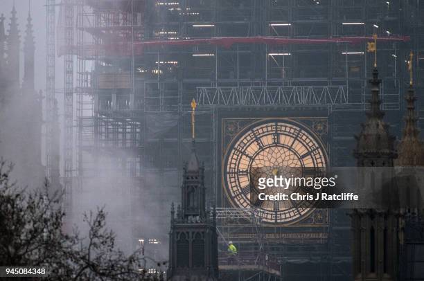 Clock face on Elizabeth Tower, commonly known as Big Ben, is seen without its hour and minute hands as conservation work continues on the Houses of...