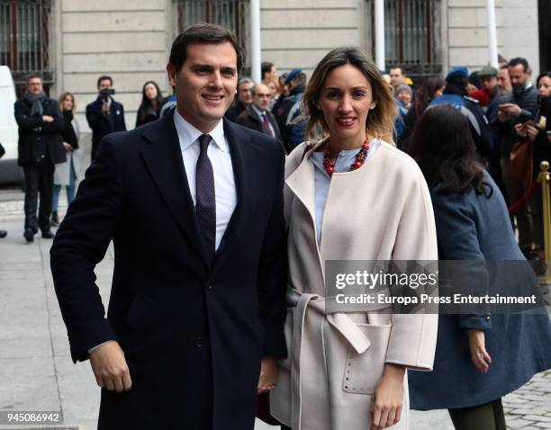 Albert Rivera and Beatriz Tajuelo attend the event where Pedro Almodovar and Raphael are declared Adoptive Son of Madrid at Casa de la Villa on April...