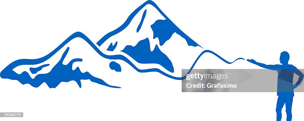 Blue man painting mountains with his hand