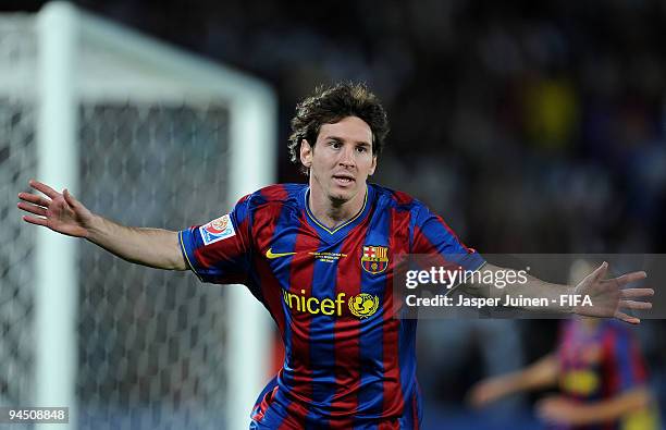 Lionel Messi of FC Barcelona celebrates scoring his sides second goal during the FIFA Club World Cup semi-final match between Atlante and FC...