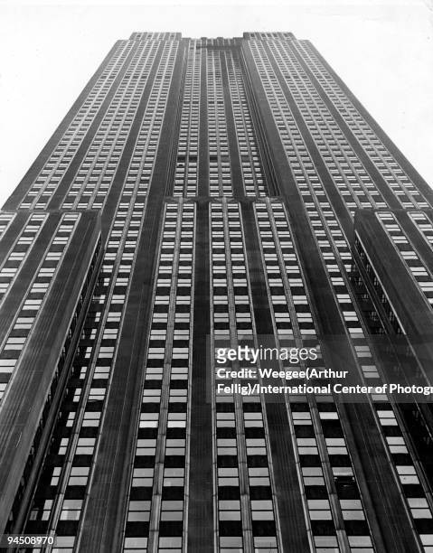 View looking up at the length of the RCA building, Rockefeller Center, New York, 1943.