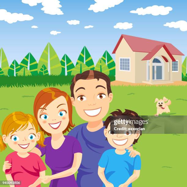 two kids family - woman running spring stock illustrations