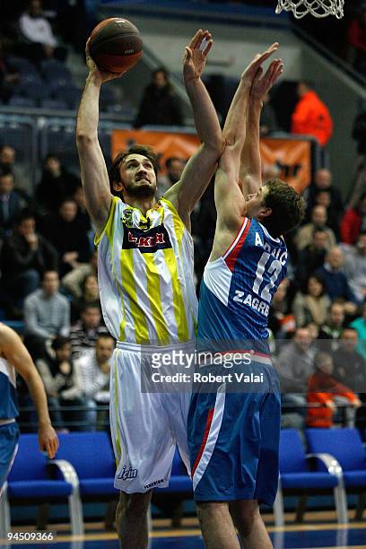 Semih Erden, #9 of Fenerbahce Ulker Istanbul competes with Luksa Andric, #12 of Cibona during the Euroleague Basketball Regular Season 2009-2010 Game...