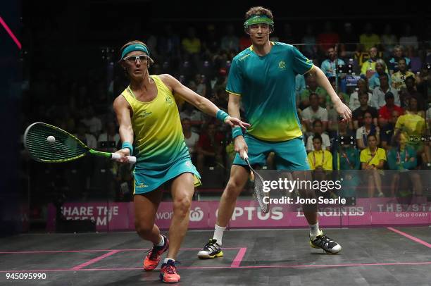 Rachael Grinham of Australia competes against Cameron Pilley of Australia in the mixed doubles quarter final between Ryan Cuskelly and Rachael...