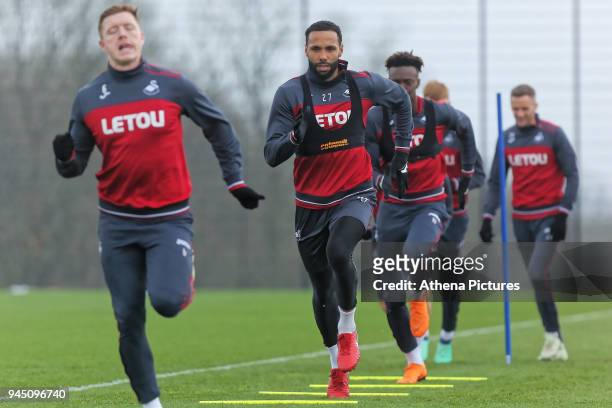 Kyle Bartley in action during the Swansea City Training at The Fairwood Training Ground on April 11, 2018 in Swansea, Wales.
