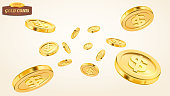Realistic gold coin explosion or splash on white background. Rain of golden coins. Falling or flying money. Bingo jackpot or casino poker or win element. Cash treasure concept. Vector 3d