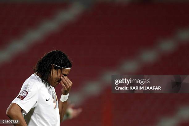 Qatari Umm Salal club's Brazilian player Davi reacts during his team's Qatar Stars League football match against Al-Arabi club in Doha on December...