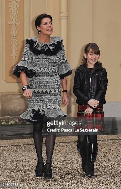 Princess Caroline of Hanover and her daughter Princess Alexandra of Hanover arrive to attend Christmas Tree party at Monaco Palace on December 16,...