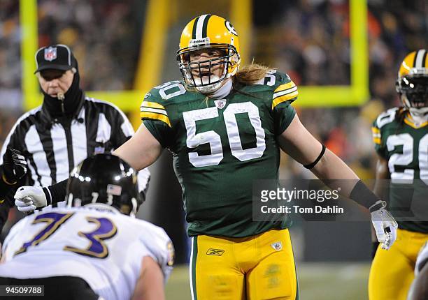 Hawk of the Green Bay Packers eyes the offense during the NFL game against the Baltimore Ravens at Lambeau Field on December 7, 2009 in Green Bay,...
