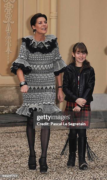 Princess Caroline of Hanover and her daughter Princess Alexandra of Hanover arrive to attend Christmas Tree party at Monaco Palace on December 16,...