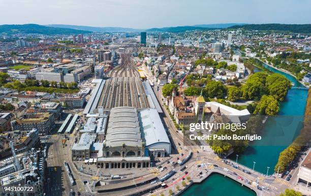 aerial view of zurich mainstation, switzerland - zurich stock-fotos und bilder