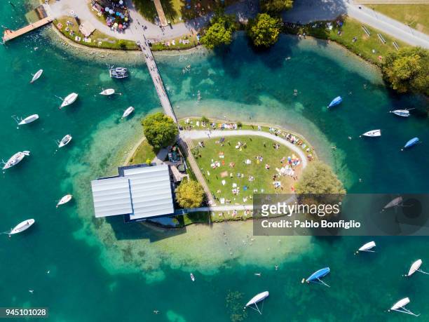 aerial view of saffa island zurich, switzerland - lake zurich stock pictures, royalty-free photos & images