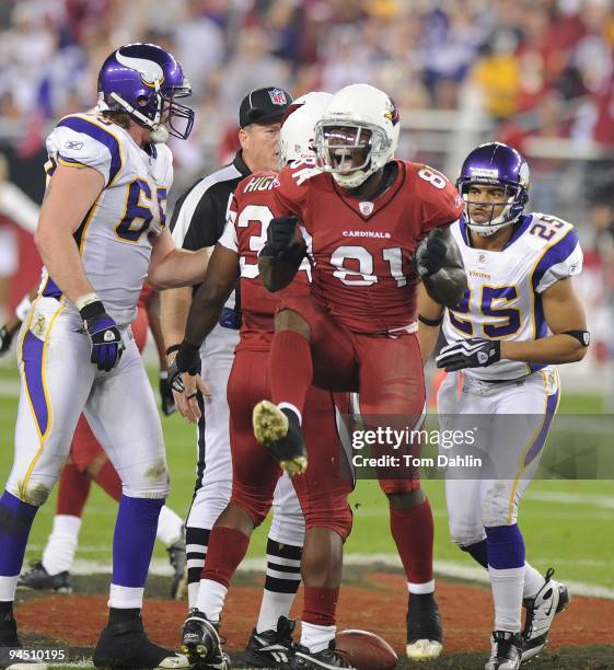 Anquan Boldin of the Arizona Cardinals celebrates a touchdown during the NFL game against the Minnesota Vikings at the Universtity of Phoenix Stadium...