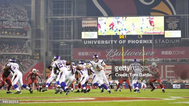 Brett Favre of the Minnesota Vikings hands off the ball to Chester Taylor during the NFL game against the Arizona Cardinals at the Universtity of...