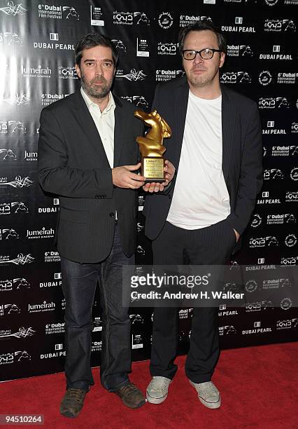Producers Arnaud Dommerc and Franck Ciochetti with the Muhr AsiaAfrica Short Film First Prize award for "Saint Louis Blues" during the Closing Night...