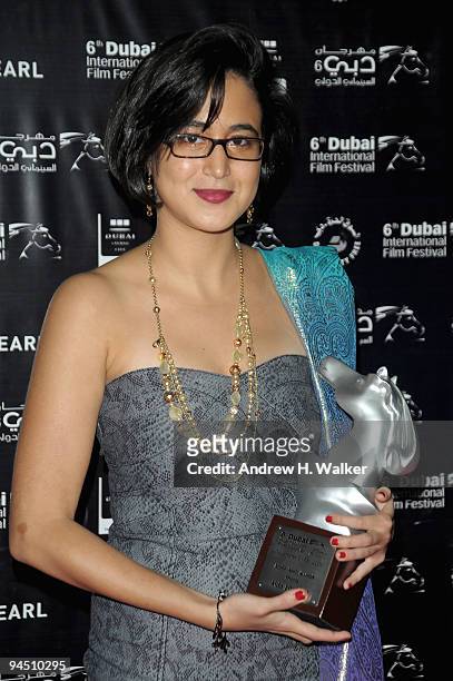 Aida Elkashef with the Muhr Arab Second Prize award for Short Film during the Closing Night Award Ceremony at the 6th Annual Dubai International Film...