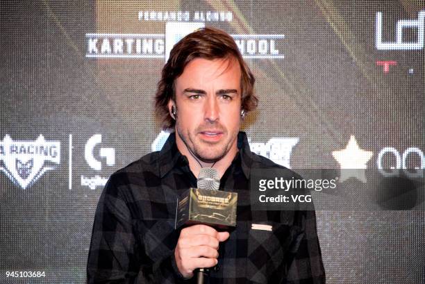 Fernando Alonso of Spain and McLaren F1 attends a karting school event titled 'Searching For China's Alonso' at BUND8 on April 11, 2018 in Shanghai,...