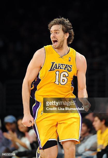 Pau Gasol of the Los Angeles Lakers reacts during the game against the Minnesota Timberwolves at Staples Center on December 11, 2009 in Los Angeles,...