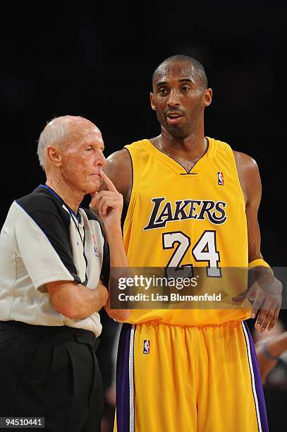 Kobe Bryant of the Los Angeles Lakers talks to referee Dick Bavetta during the game against the Minnesota Timberwolves at Staples Center on December...