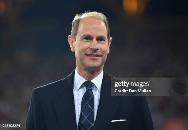 Prince Edward, Earl of Wessex looks on during the medal ceremony for the Womens 400 metres during athletics on day eight of the Gold Coast 2018...