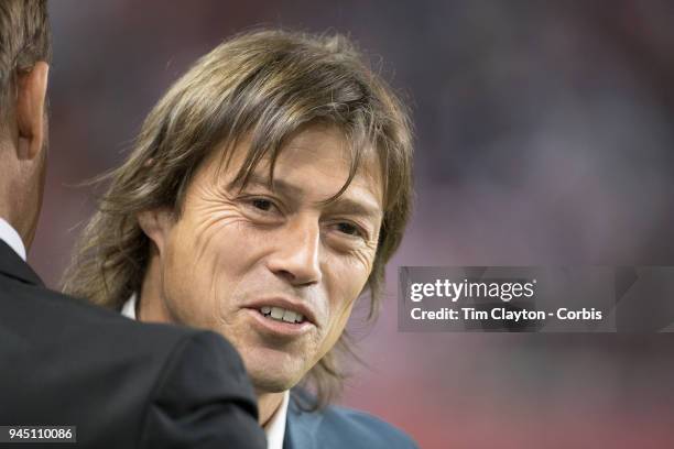 Matias Almeyda, Manager of C.D. Guadalajara talks with Jesse Marsch, head coach of the New York Red Bulls on the sideline before the New York Red...