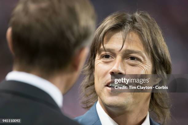 Matias Almeyda, Manager of C.D. Guadalajara talks with Jesse Marsch, head coach of the New York Red Bulls on the sideline before the New York Red...