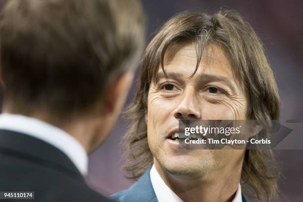 Matias Almeyda, Manager of C.D. Guadalajara talks with Jesse Marsch, head coach of the New York Red Bulls on the sideline before the New York Red...
