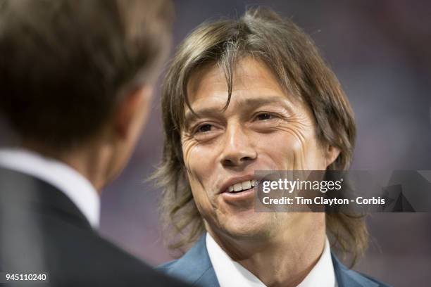 Matias Almeyda, Manager of C.D. Guadalajara talks with Jesse Marsch, head coach of the New York Red Bulls on the sideline before the New York Red...