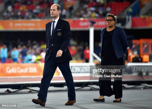 Prince Edward, Earl of Wessex and Cathy Freeman look on during the medal ceremony for the Womens 400 metres during athletics on day eight of the...