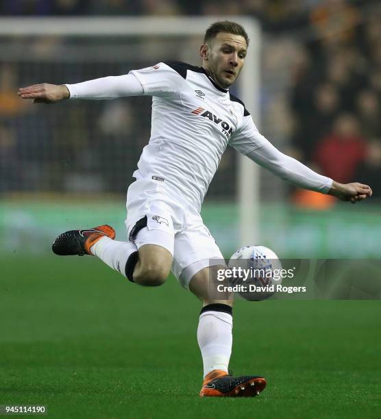 Andreas Weimann of Derby County controls the ball during the Sky Bet Championship match between Wolverhampton Wanderers and Derby County at Molineux...