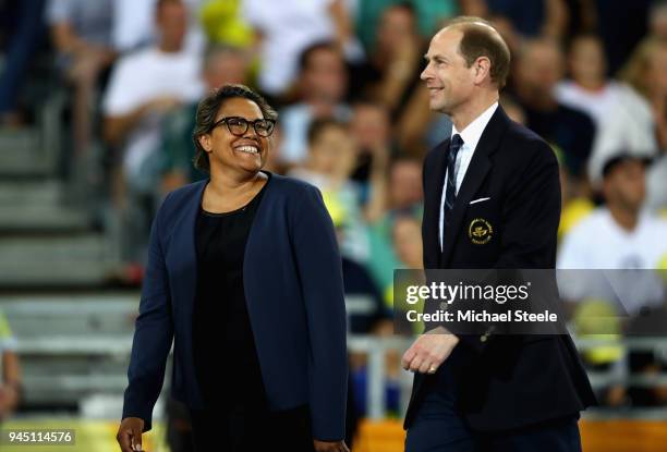 Prince Edward, Earl of Wessex and Cathy Freeman look on during the medal ceremony for the Womens 400 metres during athletics on day eight of the...