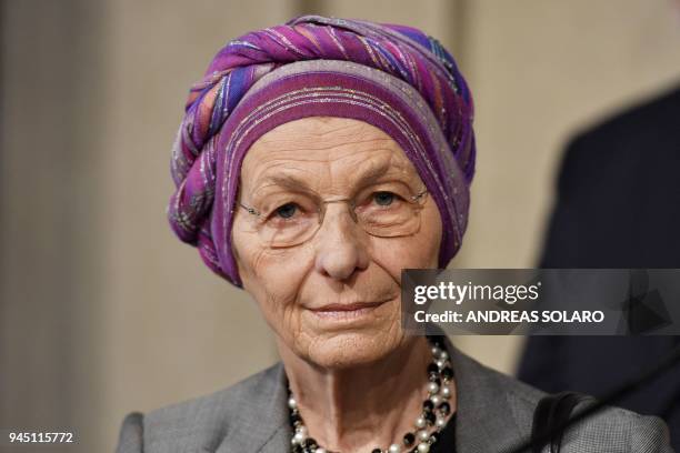 Emma Bonino of Piu Europa political movement, speaks to journalists after a meeting with Italian President on the first day of consultations of...