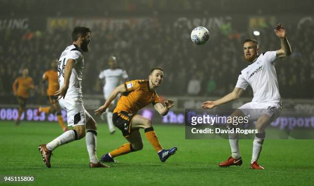 Diogo Jota of Wolverhampton Wanderers causes problems for the Derby County defence during the Sky Bet Championship match between Wolverhampton...