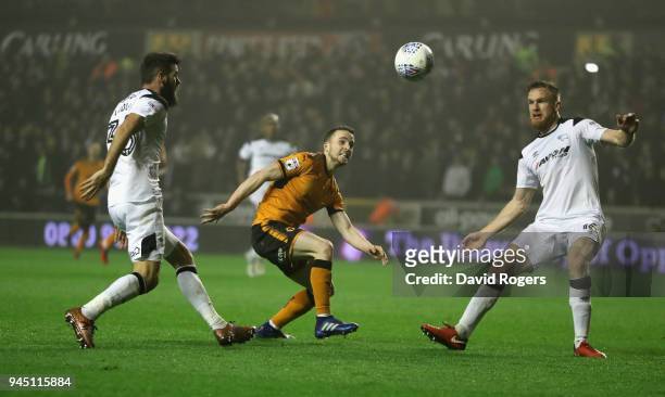 Diogo Jota of Wolverhampton Wanderers causes problems for the Derby County defence during the Sky Bet Championship match between Wolverhampton...