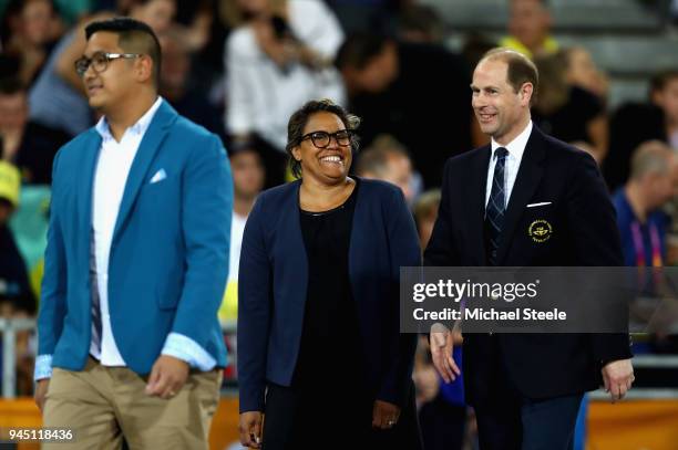 Prince Edward, Earl of Wessex and Cathy Freeman look on during the medal ceremony for the Womens 400 metres during athletics on day eight of the...