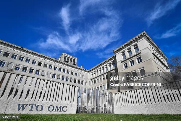 The World Trade Organization headquarters are seen in Geneva on April 12, 2018. - The World Trade Organization is set to release its latest forecasts...