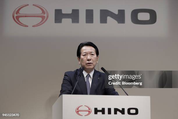 Yoshio Shimo, president and chief executive officer of Hino Motors Ltd., speaks during a joint news conference with Volkswagen Truck & Bus GmbH in...