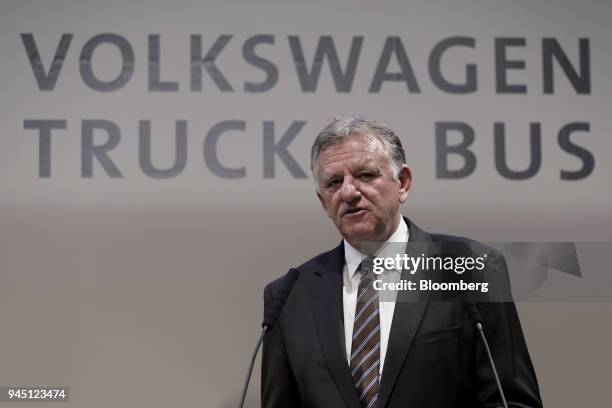 Andreas Renschler, chief executive officer of Volkswagen Truck & Bus GmbH, speaks during a joint news conference with Hino Motors Ltd. In Tokyo,...