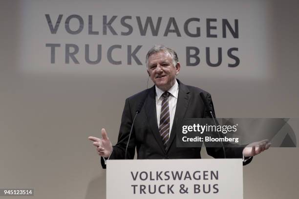 Andreas Renschler, chief executive officer of Volkswagen Truck & Bus GmbH, speaks during a joint news conference with Hino Motors Ltd. In Tokyo,...