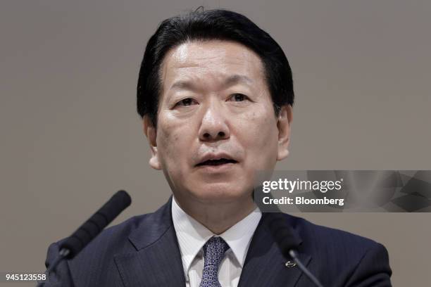 Yoshio Shimo, president and chief executive officer of Hino Motors Ltd., speaks during a joint news conference with Volkswagen Truck & Bus GmbH in...