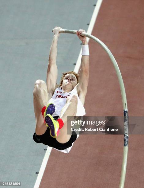 Shawnacy Barber of Canada competes in the Men's Pole Vault final during athletics on day eight of the Gold Coast 2018 Commonwealth Games at Carrara...