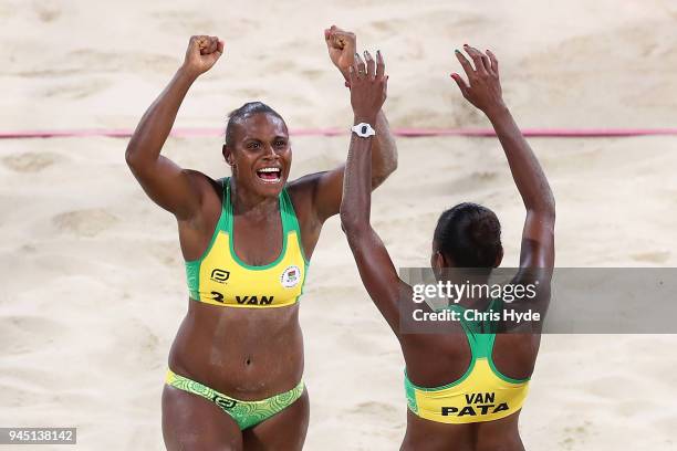 Linline Matauatu and Miller Pata of Vanuatu celebrates winning the Beach Volleyball Women's Bronze Medal match between Linline Matauatu and Miller...