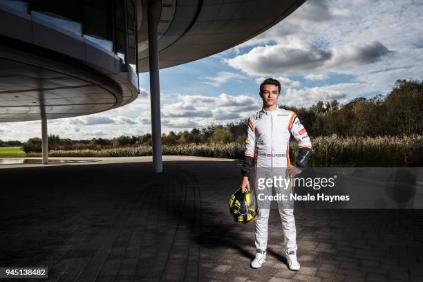 Racing driver Lando Norris is photographed for F1 racing magazine on October 25, 2017 in Woking, England.