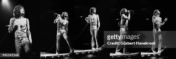 Composite of five images of Mick Jagger of The Rolling Stones performing live on stage at the Festhalle in Frankfurt, Germany on 28th April 1976 as...