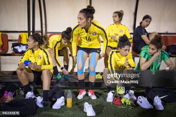 Players of the Jordanian national womens football team are getting ready for a training session on April 5, 2018 at Petra Stadium in King Hussein...