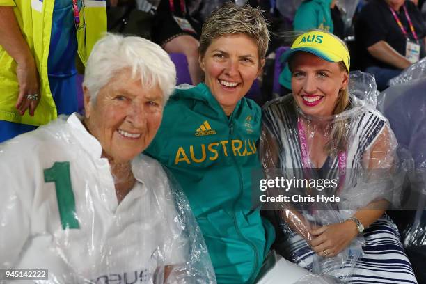 Dawn Fraser, Natalie Cook and Minister Kate Jones during Beach Volleyball on day eight of the Gold Coast 2018 Commonwealth Games at Coolangatta...