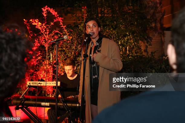 Rainey Qualley performs during Flaunt and /Nyden Celebrate The New Fantasy Issue with a dinner honoring Hari Nef at The Hollywood Roosevelt Hotel on...