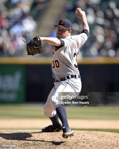 Alex Wilson of the Detroit Tigers pitches against the Chicago White Sox on April 7, 2018 at Guaranteed Rate Field in Chicago, Illinois. Alex Wilson