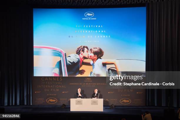 Thierry Fremaux and Pierre Lescure during the Cannes Film Festival Press Conference at Cinema UGC Normandie on April 12, 2018 in Paris, France.