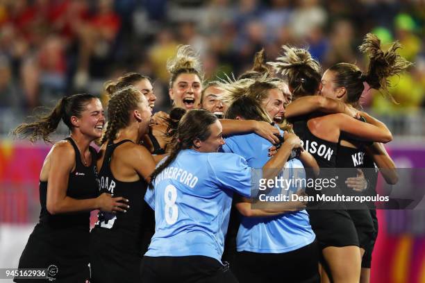 New Zealand celebrate victory in Women's Semifinal hockey match after the penalty shoot out between England and New Zealand on day eight of the Gold...